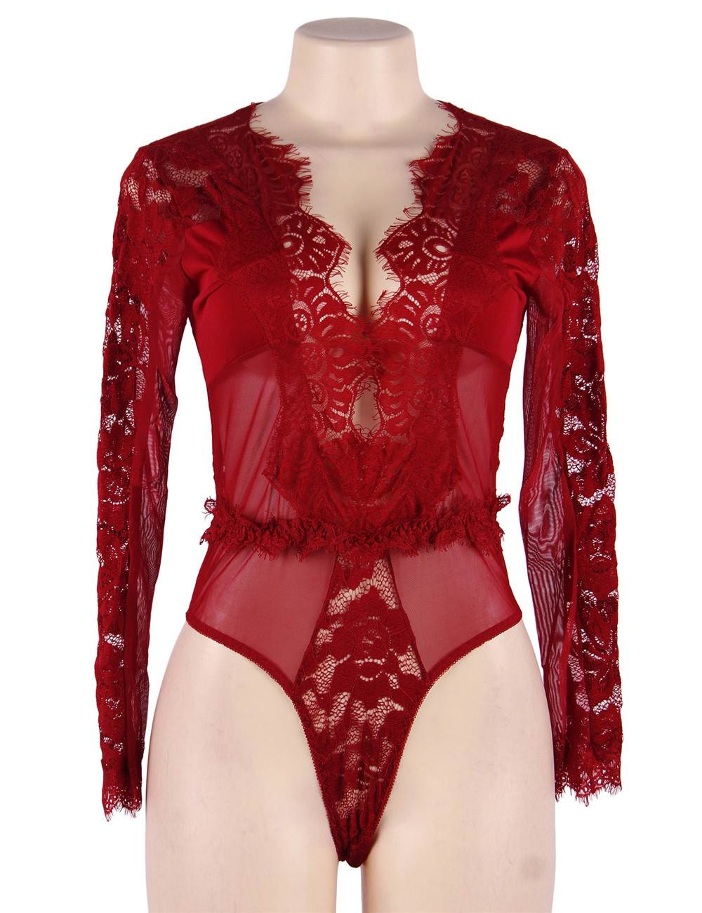 Body rouge en dentelle et tulle avec décolleté plongeant - Lingerie sensuelle et élégante