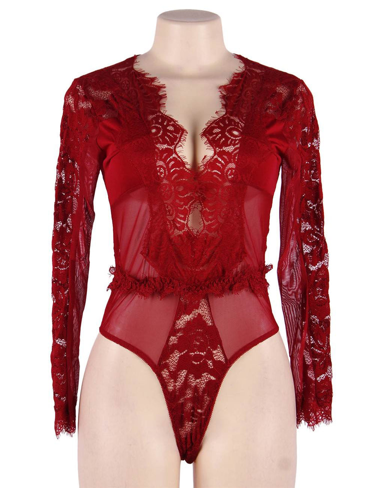 Body rouge en dentelle et tulle avec décolleté plongeant - Lingerie sensuelle et élégante