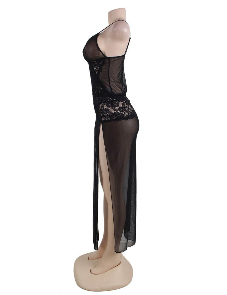 Nuisette Lingerie longue en dentelle noire pour grande taille