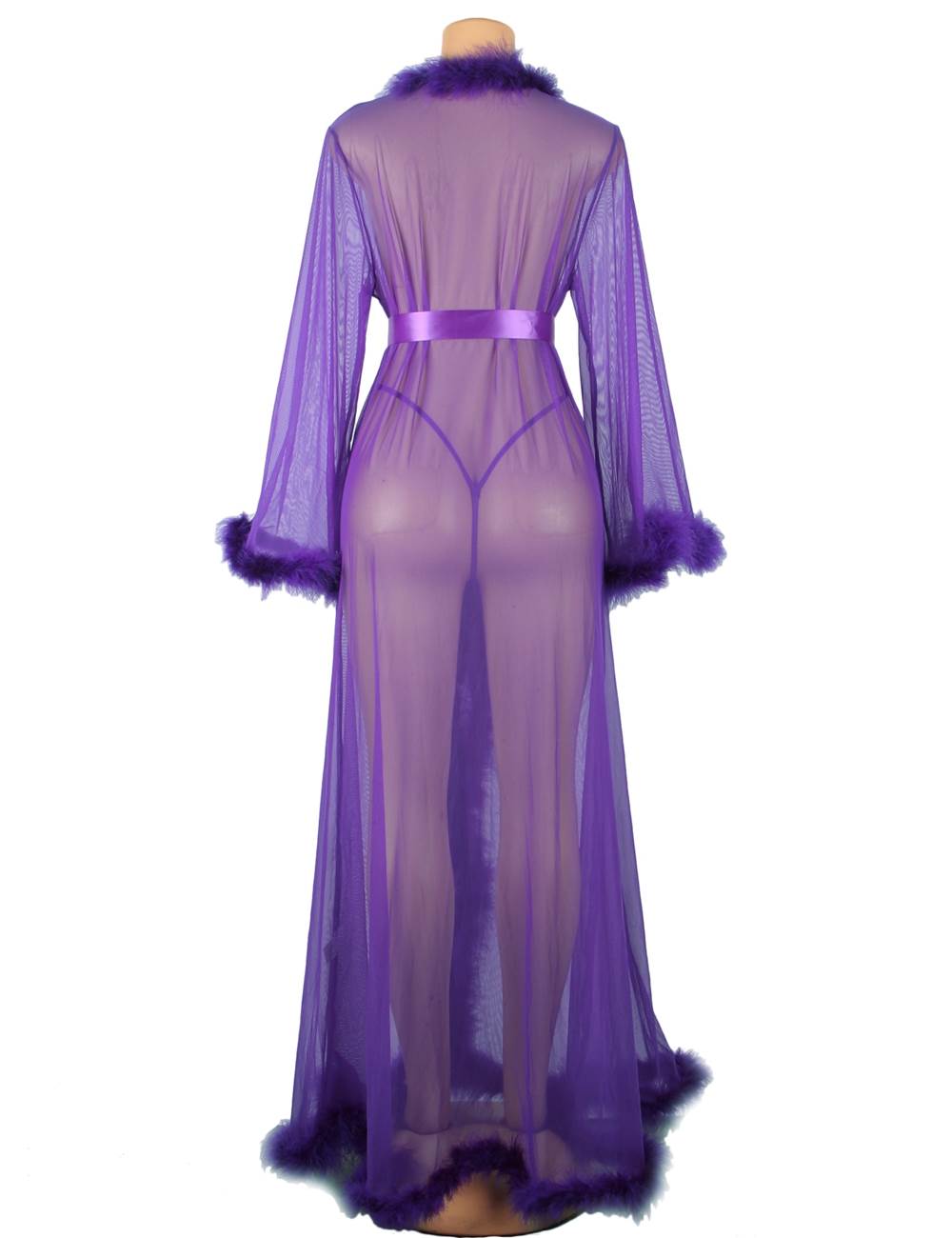Nuisette de nuit sexy violets de grande taille avec ceinture en peluche bordant la robe en maille