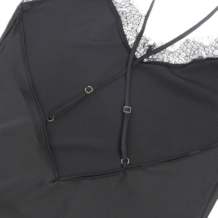Chemise de nuit en dentelle de cils en satin sexy noir