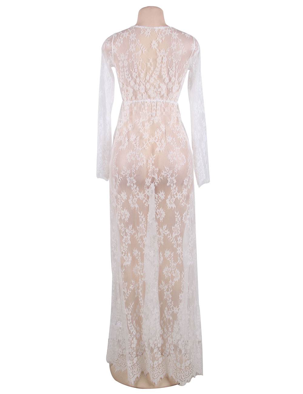 Nuisette De Nuit Longue Blanche Avec String Sexy Vêtements De Nuit Transparents À Col En V