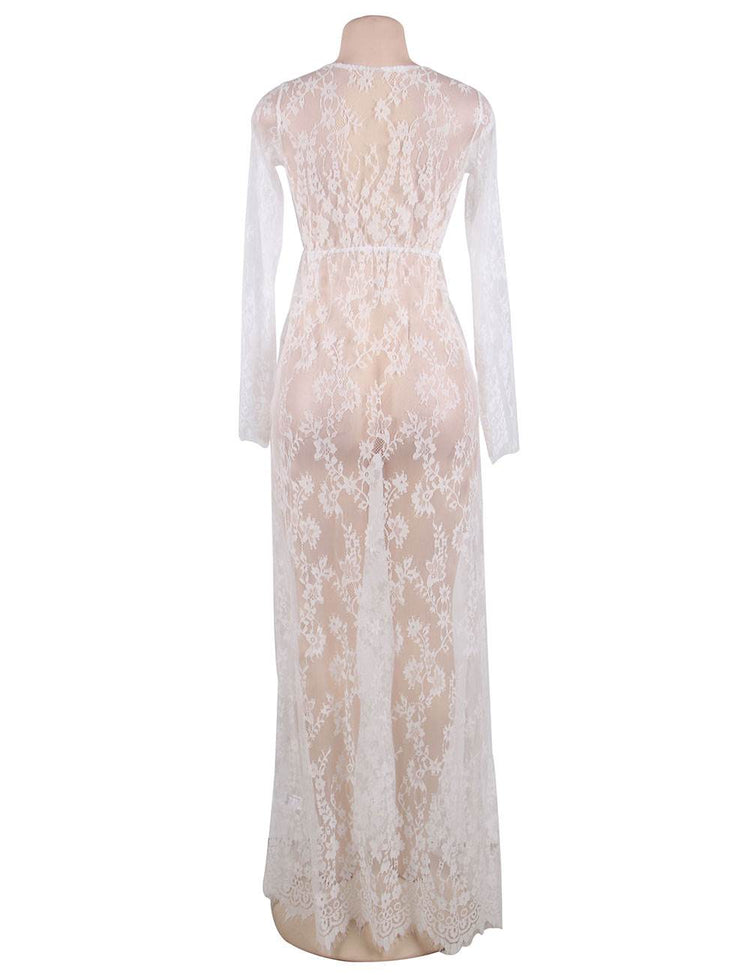 Nuisette De Nuit Longue Blanche Avec String Sexy Vêtements De Nuit Transparents À Col En V