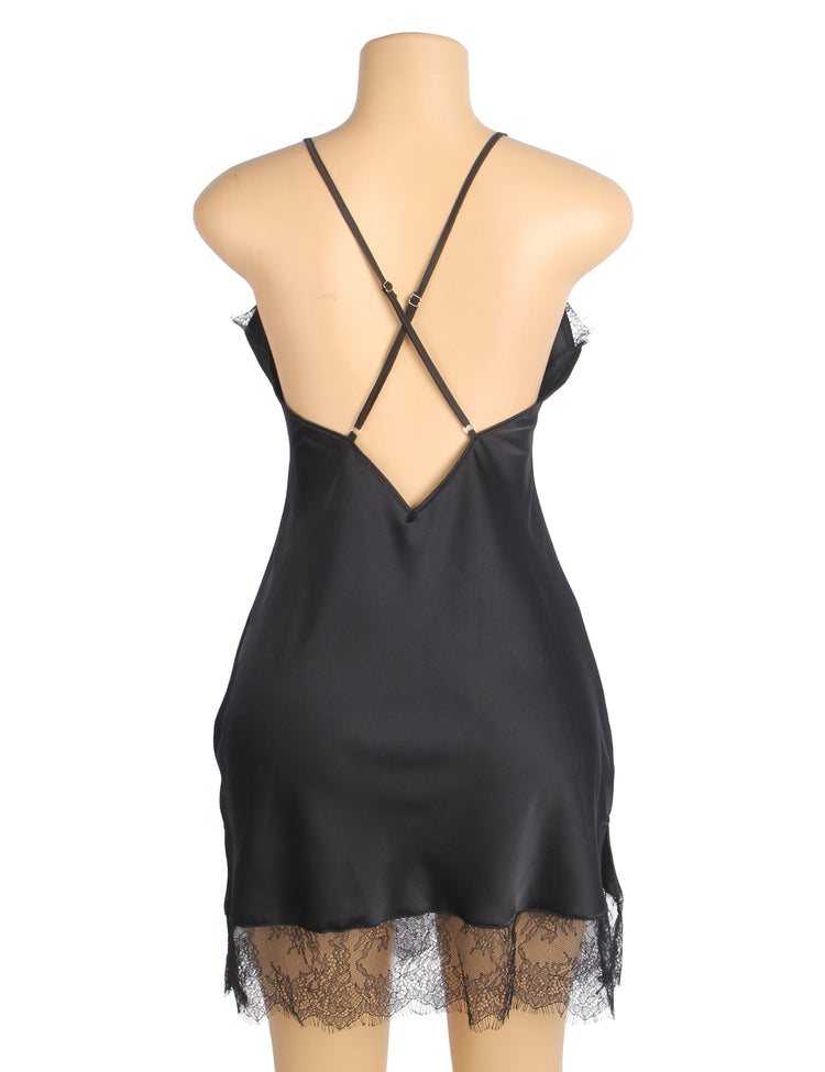 Chemise de nuit en dentelle de cils en satin sexy noir