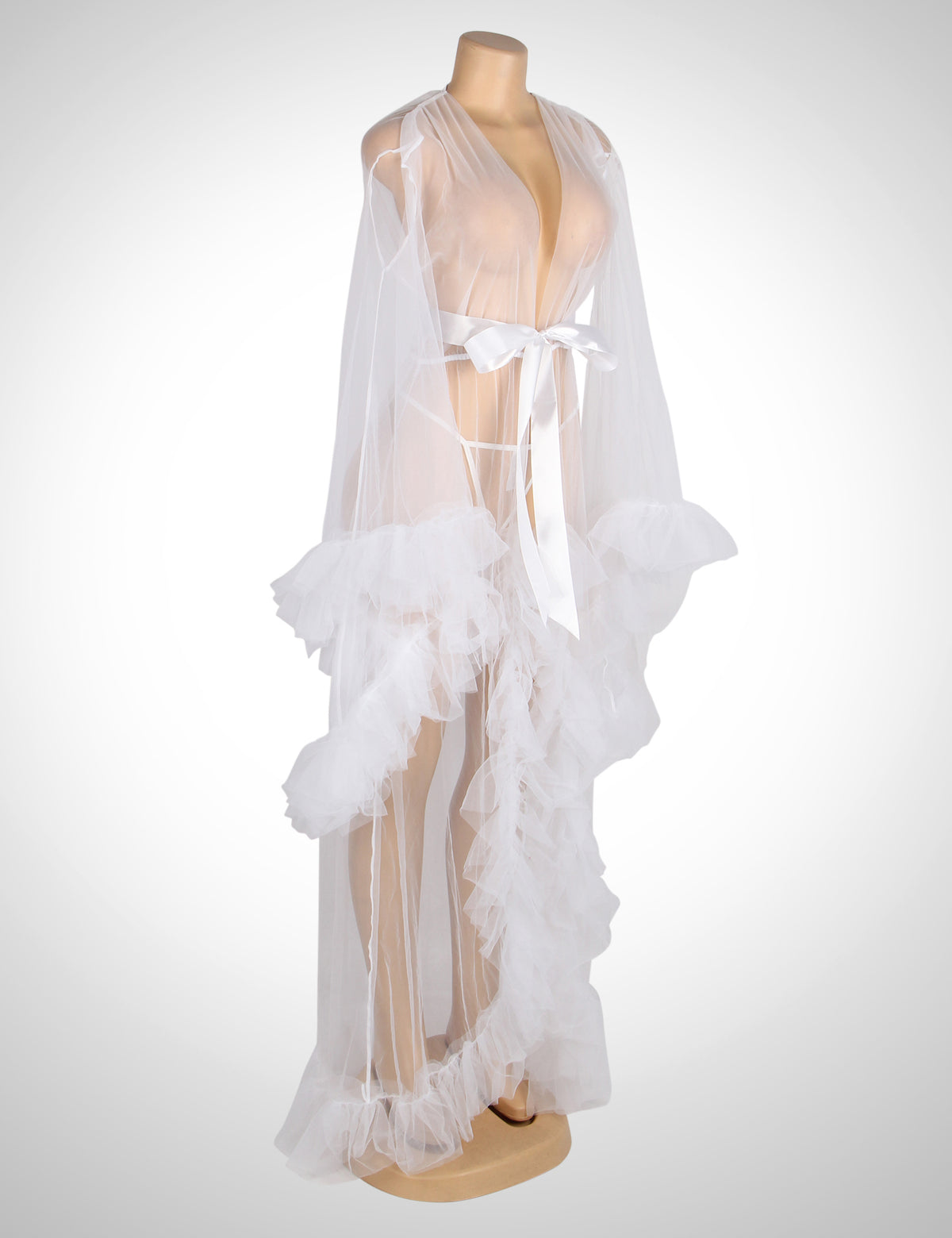 Robe longue blanche et sexy à manches trompette à volants avec ceinture