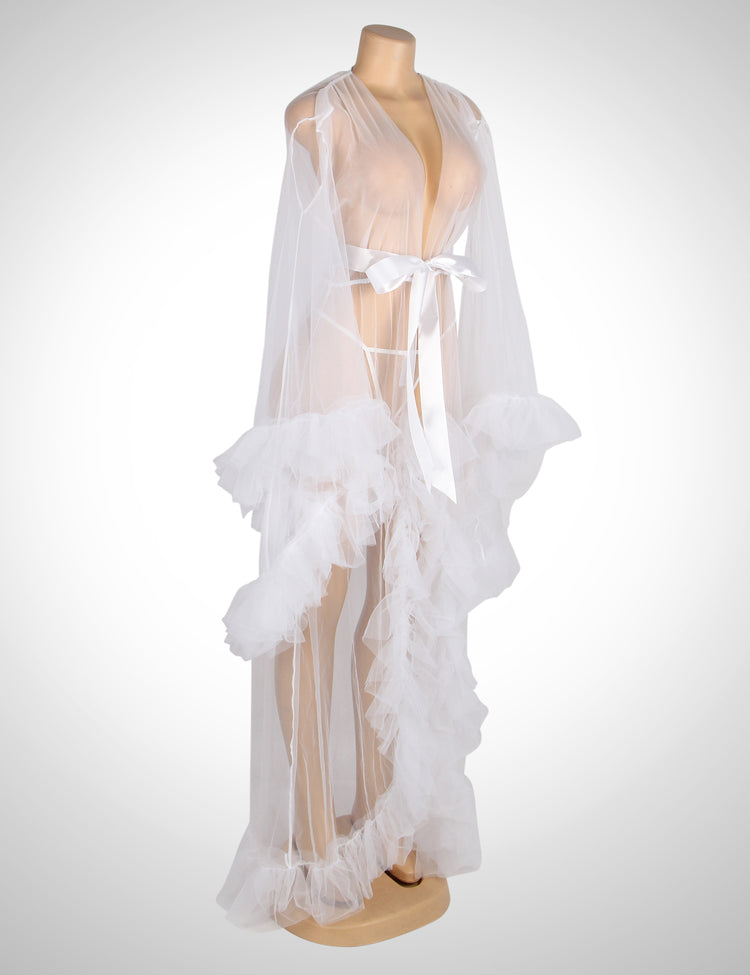 Robe longue blanche et sexy à manches trompette à volants avec ceinture