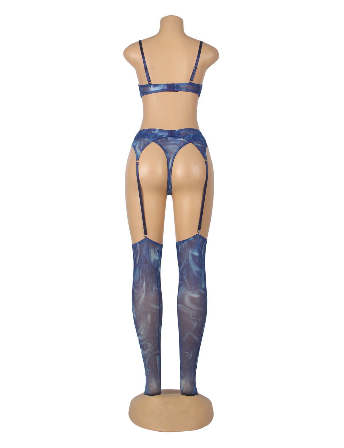 Ensemble Lingerie Bleu Marbré - Soutien-Gorge, Porte-Jarretelles et Bas Assortis