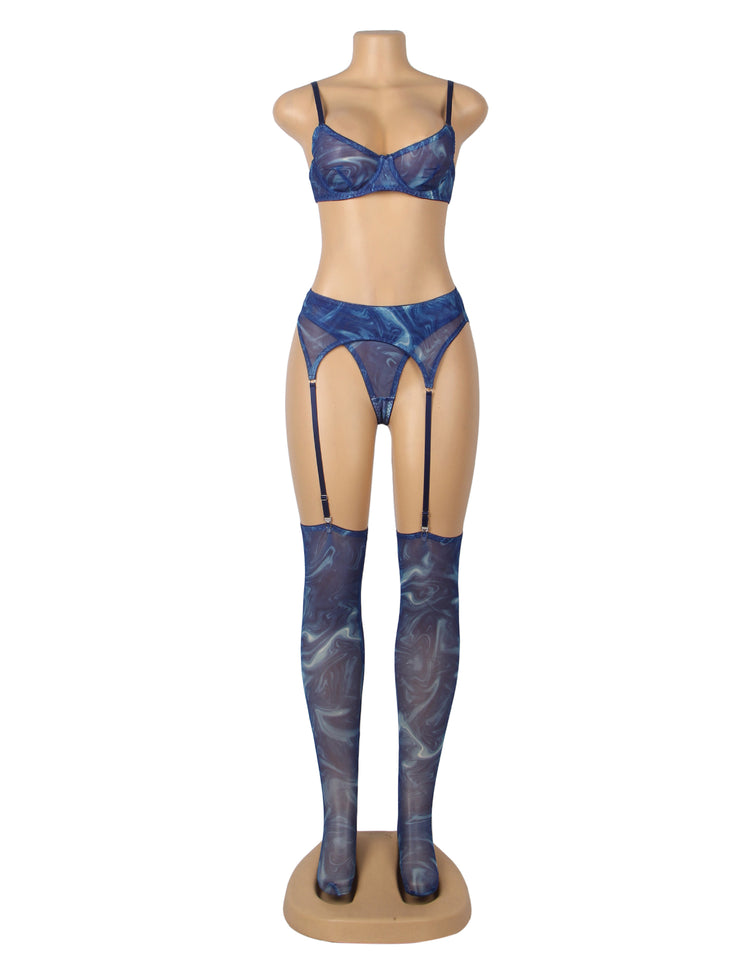 Ensemble Lingerie Bleu Marbré - Soutien-Gorge, Porte-Jarretelles et Bas Assortis