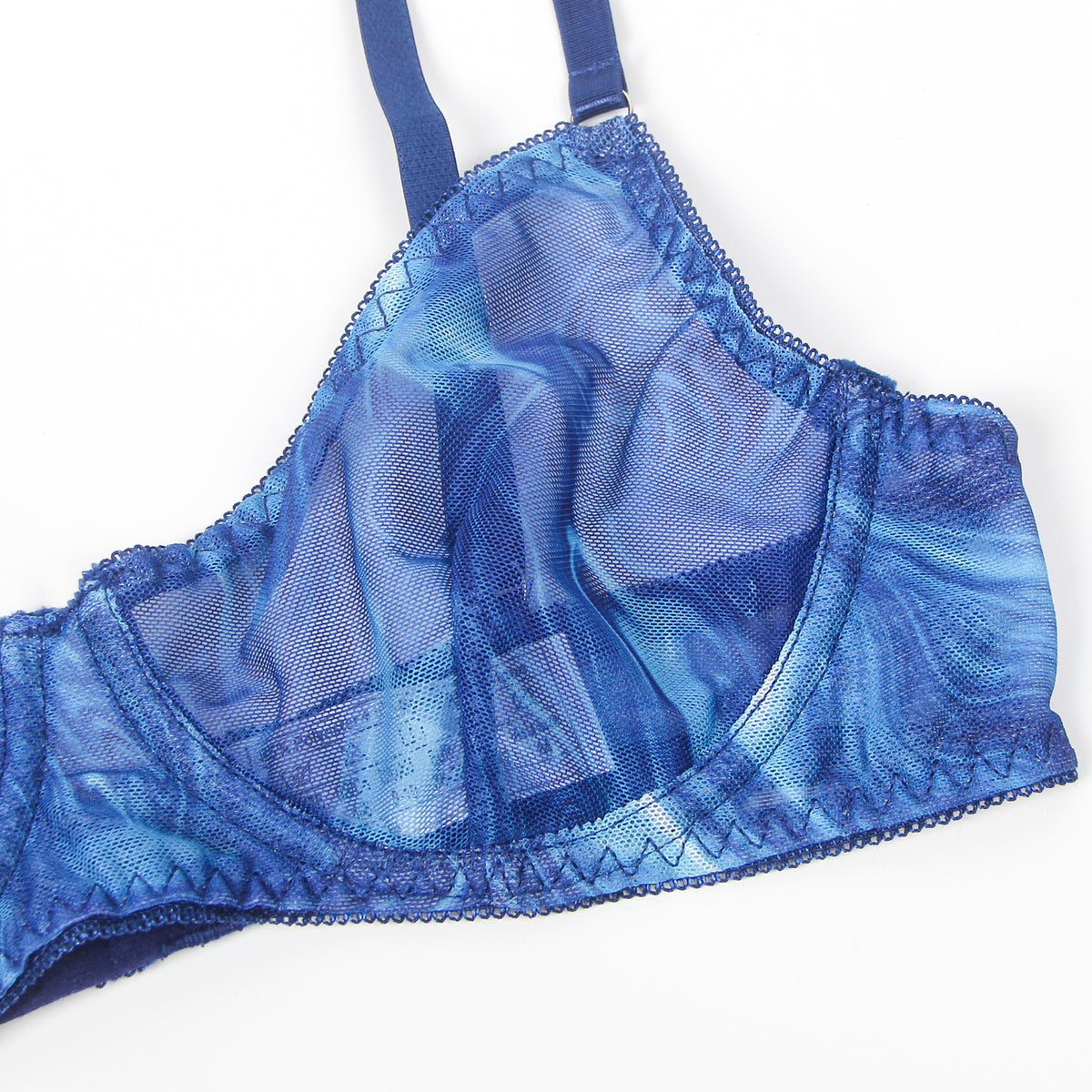 Ensemble Lingerie Bleu Marbré - Soutien-Gorge, Porte-Jarretelles et Bas Assortis