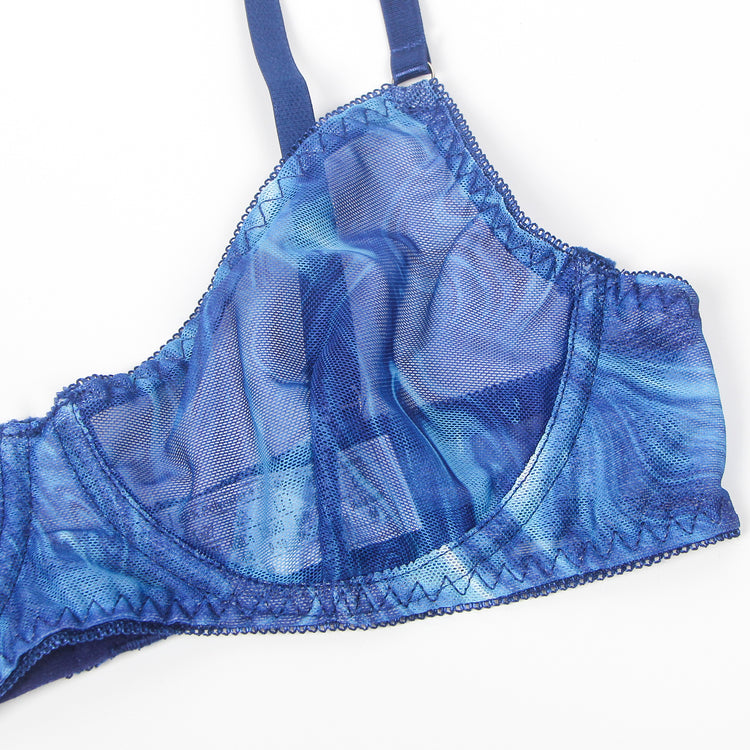 Ensemble Lingerie Bleu Marbré - Soutien-Gorge, Porte-Jarretelles et Bas Assortis