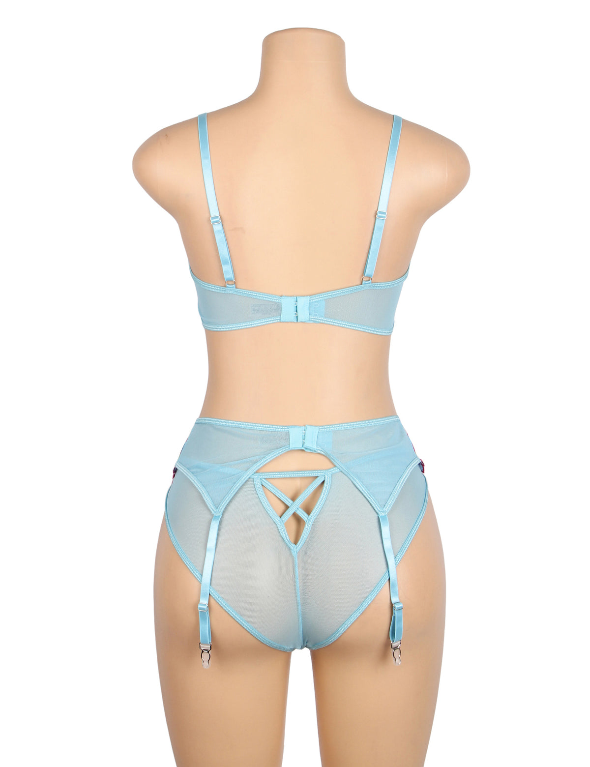 Ensemble Lingerie Dentelle Fleurie - Soutien-Gorge, Porte-Jarretelles et String