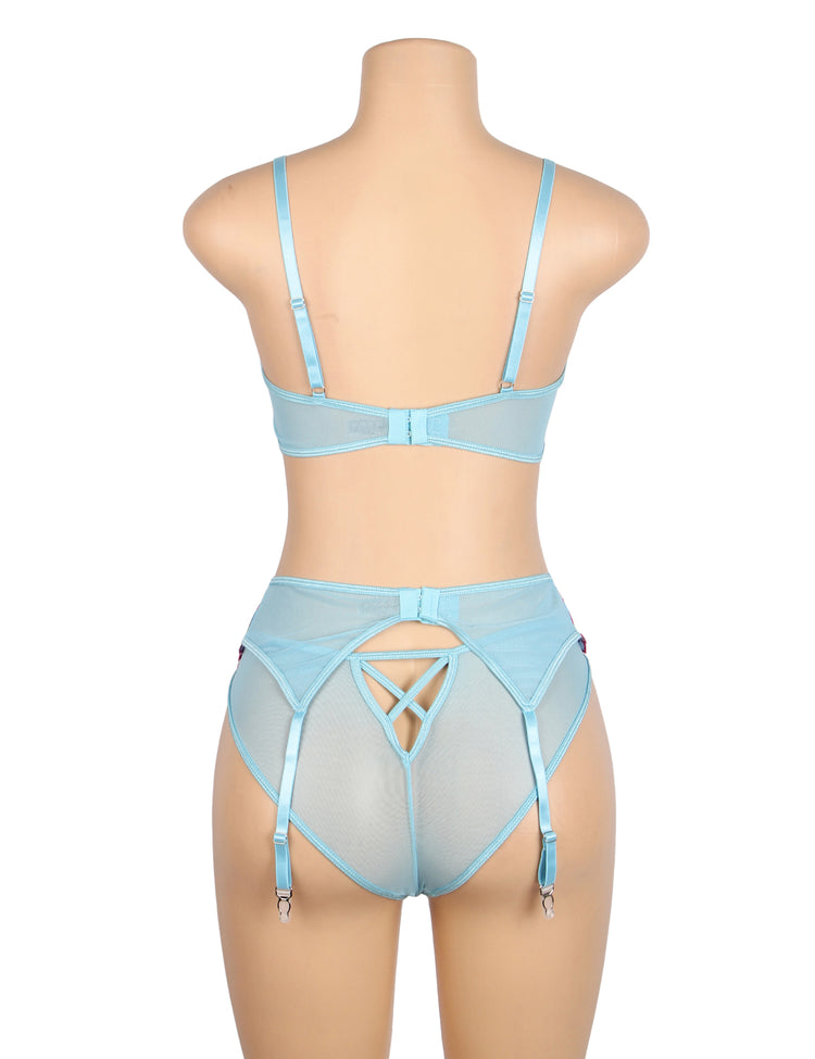 Ensemble Lingerie Dentelle Fleurie - Soutien-Gorge, Porte-Jarretelles et String