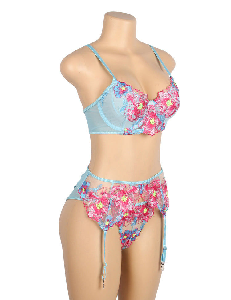 Ensemble Lingerie Dentelle Fleurie - Soutien-Gorge, Porte-Jarretelles et String