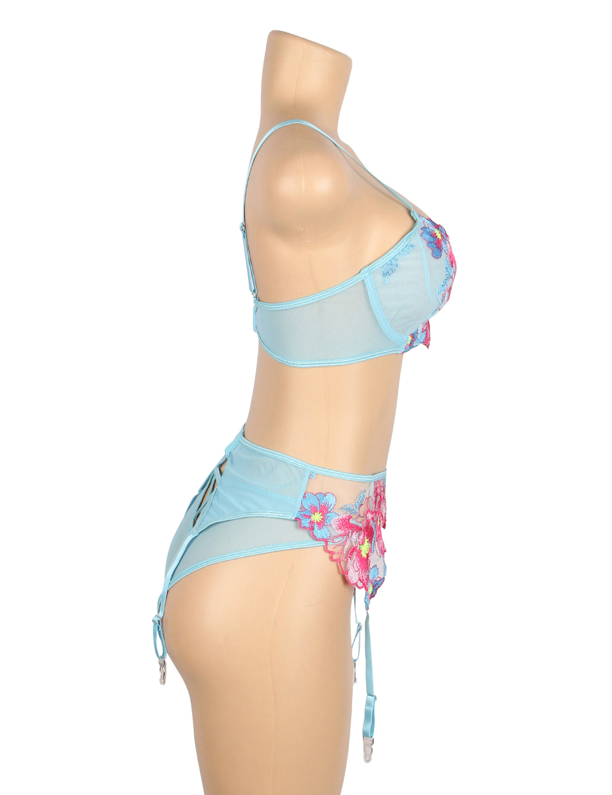 Ensemble Lingerie Dentelle Fleurie - Soutien-Gorge, Porte-Jarretelles et String