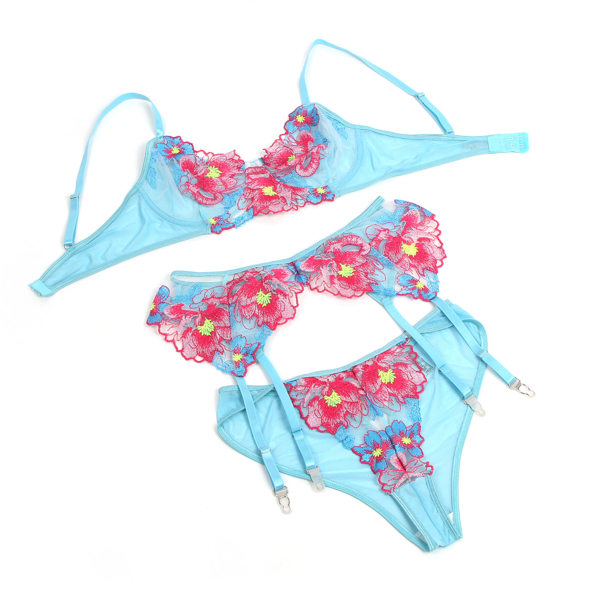Ensemble Lingerie Dentelle Fleurie - Soutien-Gorge, Porte-Jarretelles et String