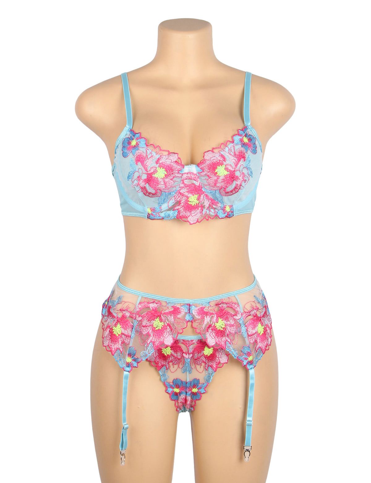 Ensemble Lingerie Dentelle Fleurie - Soutien-Gorge, Porte-Jarretelles et String