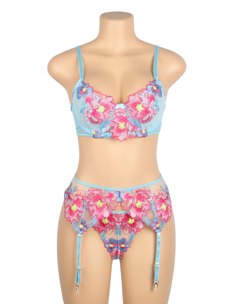 Ensemble Lingerie Dentelle Fleurie - Soutien-Gorge, Porte-Jarretelles et String