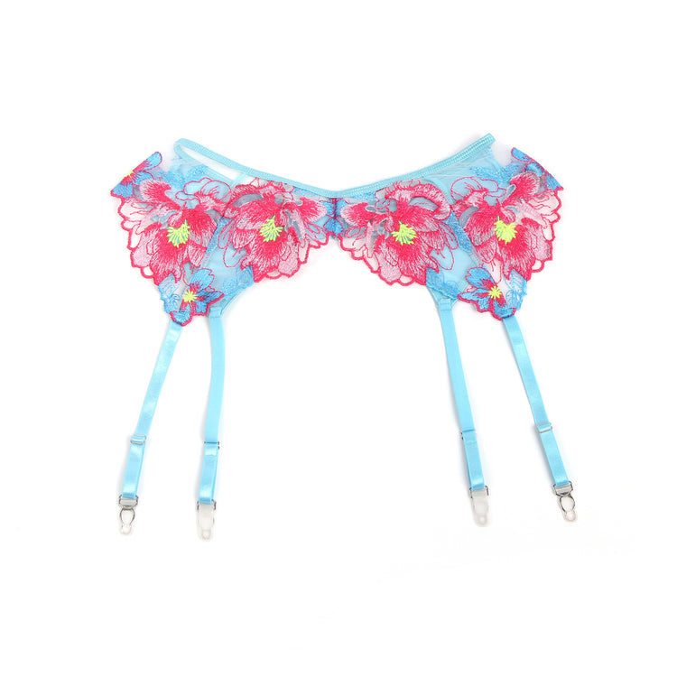 Ensemble Lingerie Dentelle Fleurie - Soutien-Gorge, Porte-Jarretelles et String