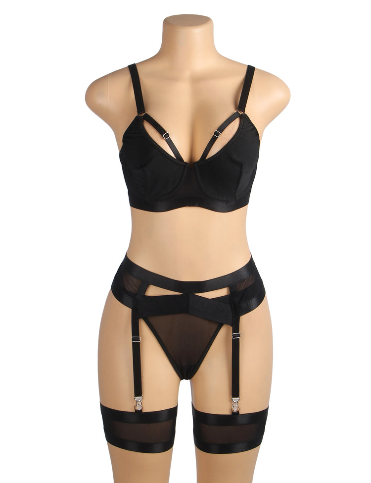Ensemble Lingerie Noir Intense - Soutien-Gorge, Porte-Jarretelles et Culotte