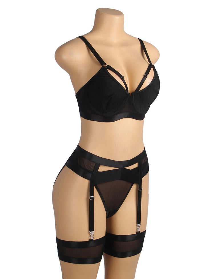 Ensemble Lingerie Noir Intense - Soutien-Gorge, Porte-Jarretelles et Culotte