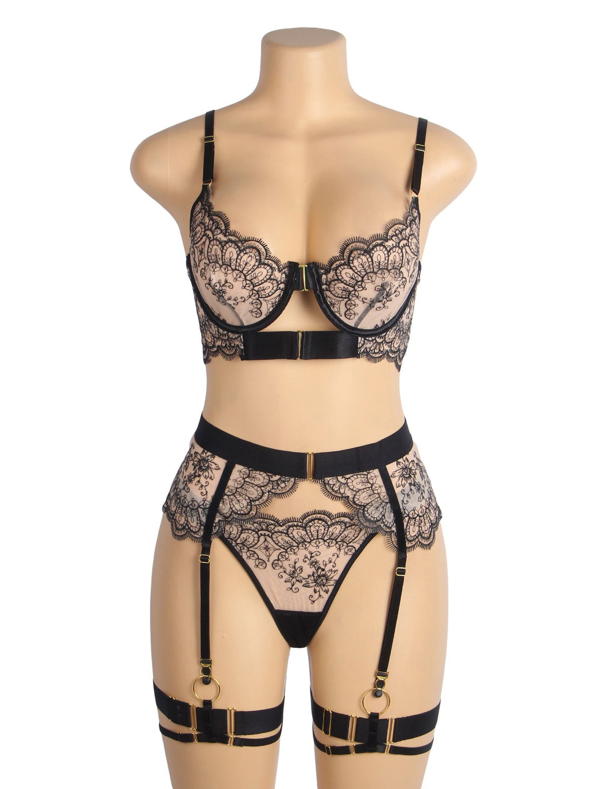 Ensemble Lingerie Sexy Dentelle - Soutien-Gorge, Porte-Jarretelles et Culotte