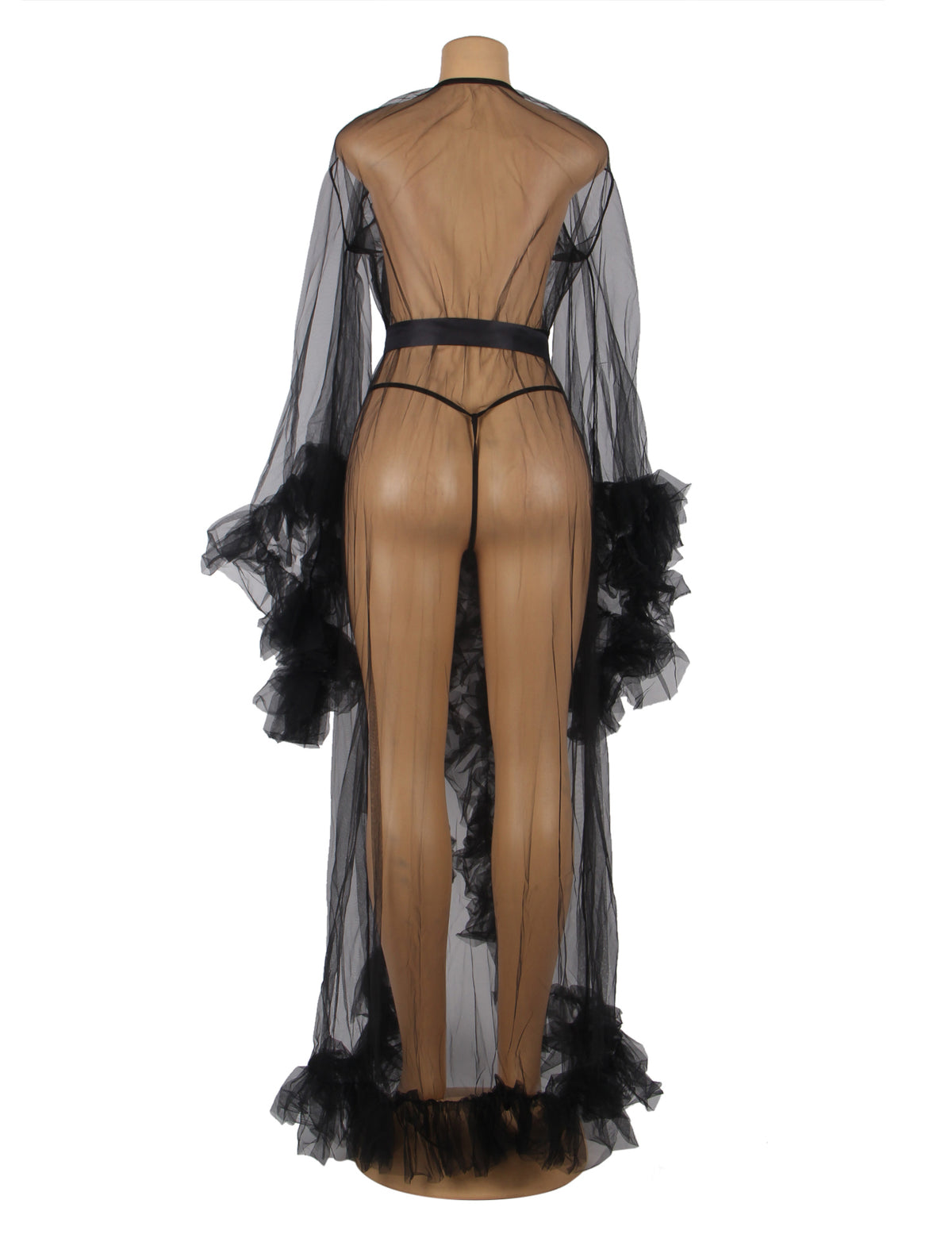Robe longue blanche et sexy à manches trompette à volants avec ceinture