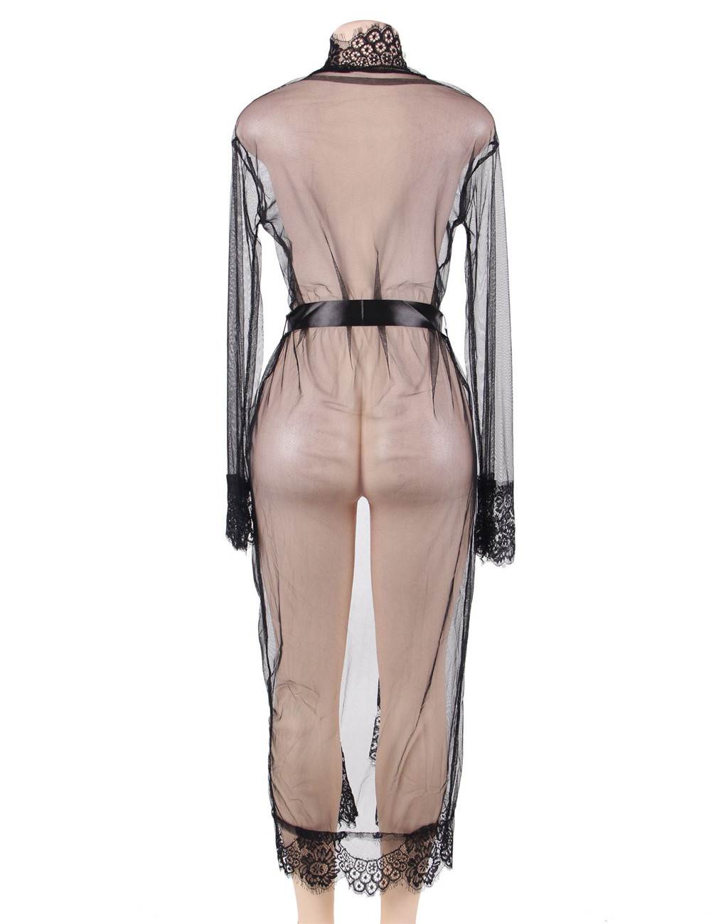 Nuisette Long en Dentelle Noire avec Ceinture Satinée