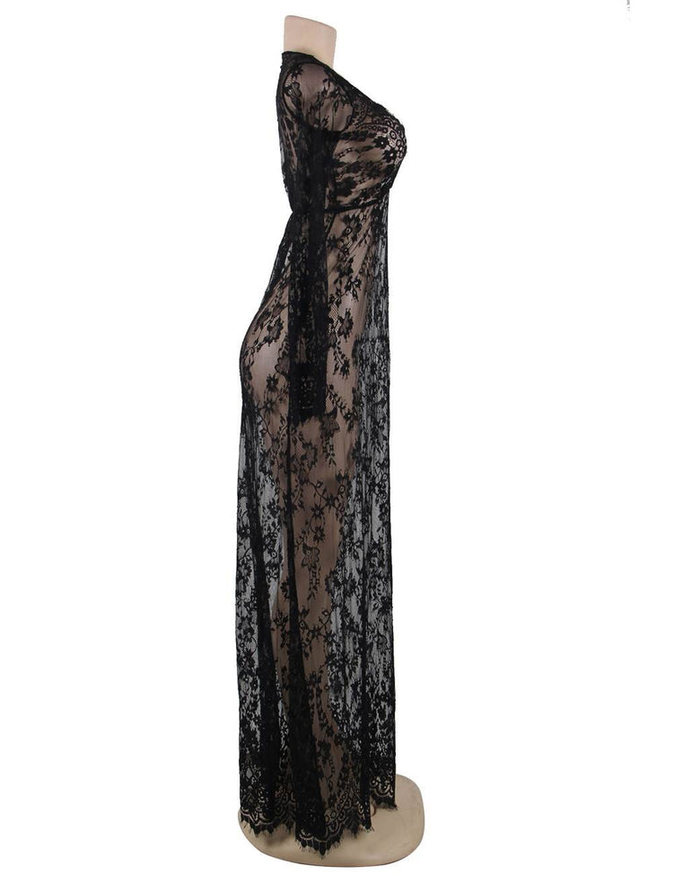 Nuisette Longue en Dentelle Noire Sophistiquée