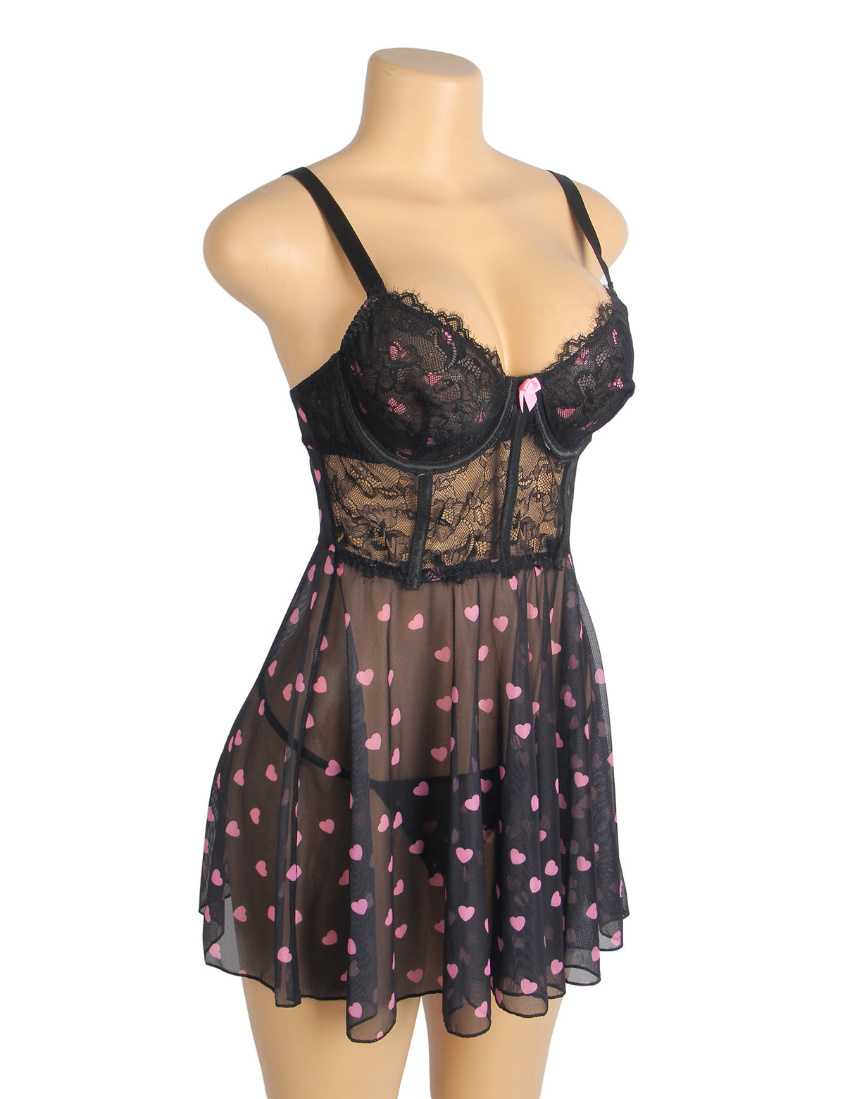 Nuisette Noire Glamour à Motifs Cœurs Roses