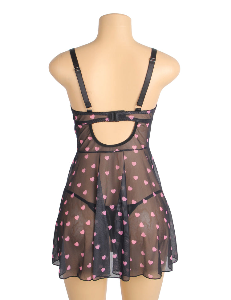 Nuisette Noire Glamour à Motifs Cœurs Roses