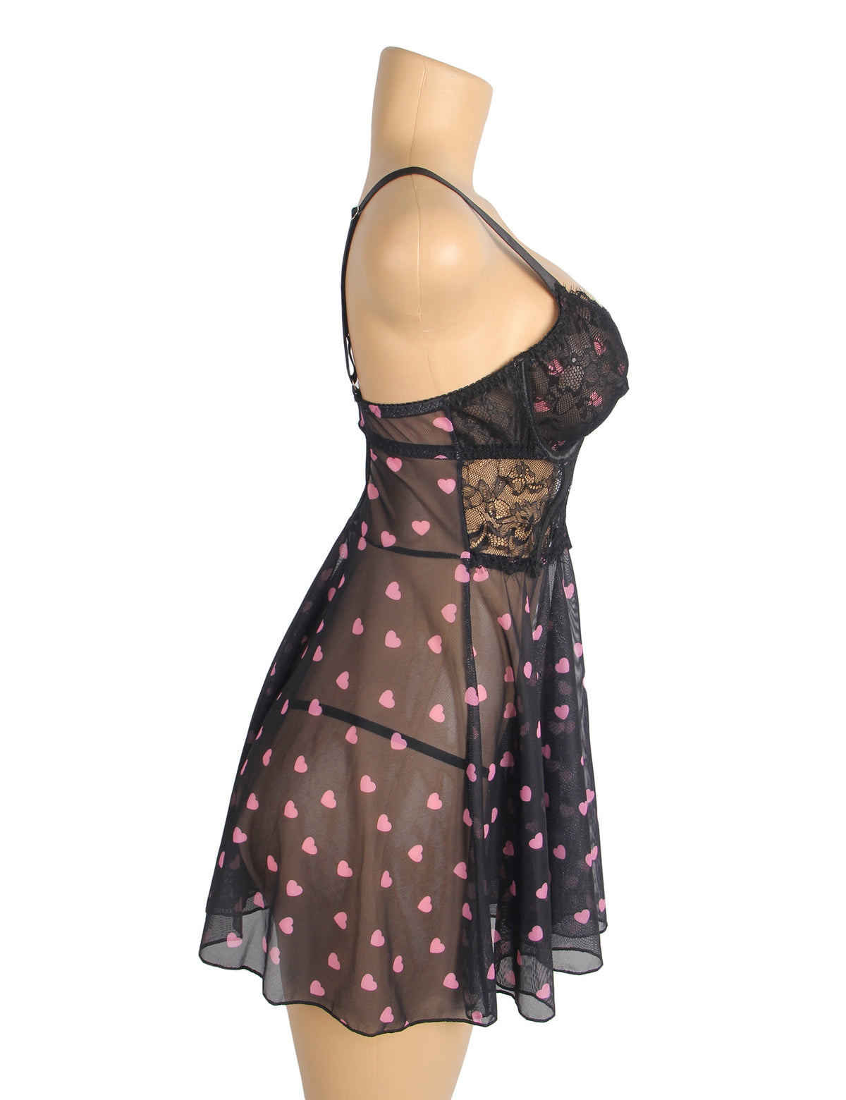 Nuisette Noire Glamour à Motifs Cœurs Roses
