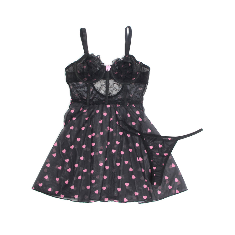 Nuisette Noire Glamour à Motifs Cœurs Roses