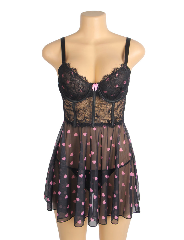 Nuisette Noire Glamour à Motifs Cœurs Roses
