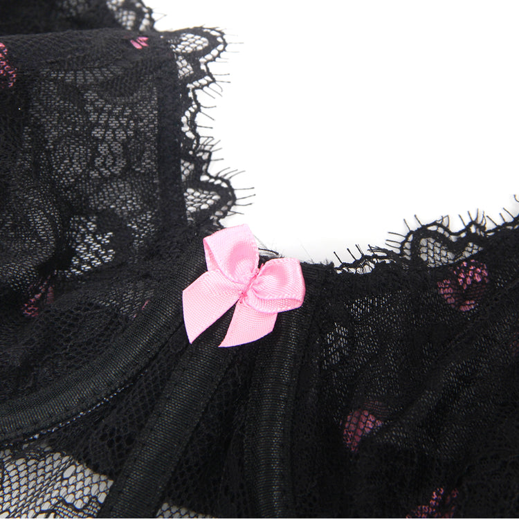 Nuisette Noire Glamour à Motifs Cœurs Roses