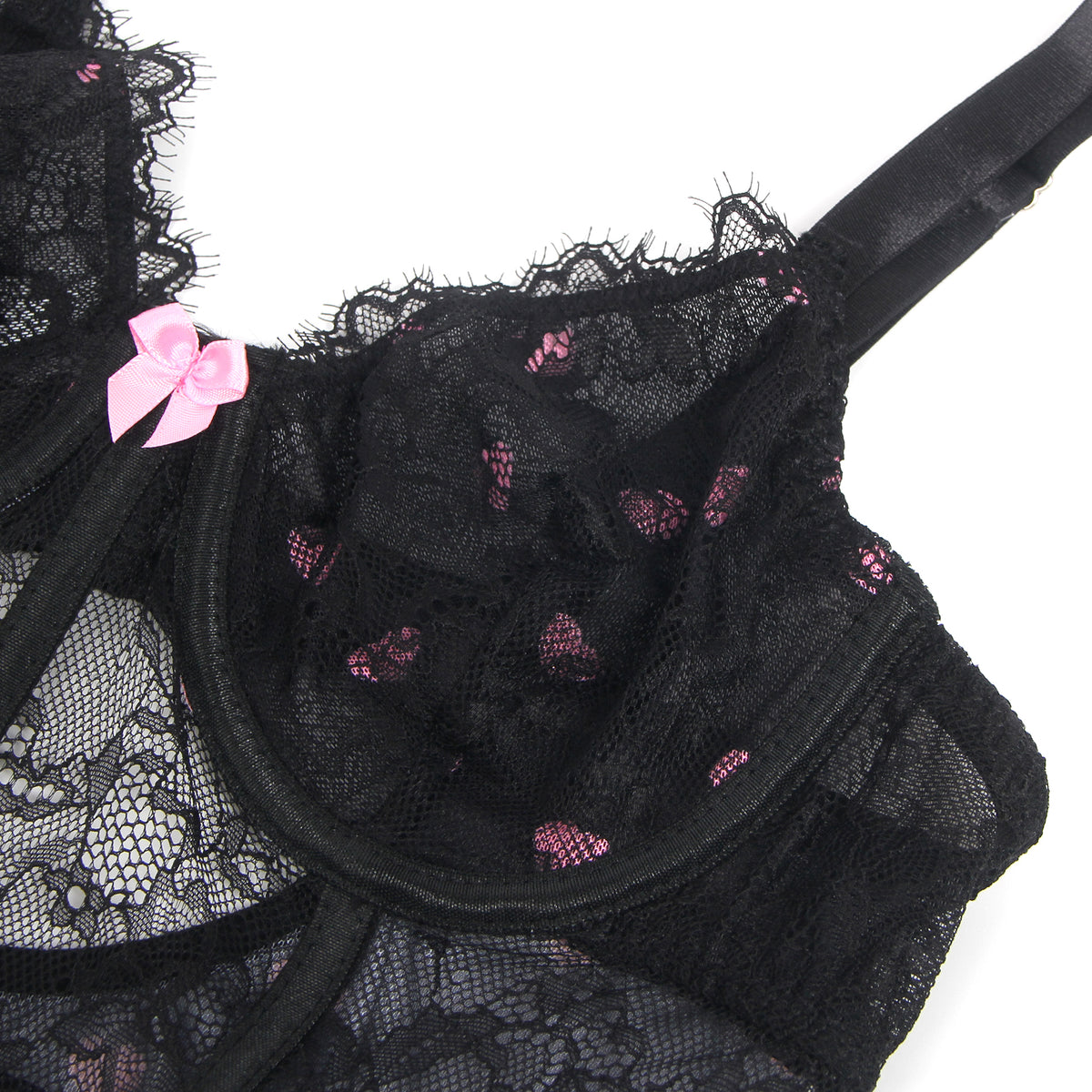 Nuisette Noire Glamour à Motifs Cœurs Roses