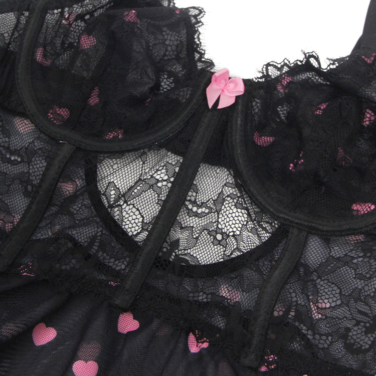 Nuisette Noire Glamour à Motifs Cœurs Roses