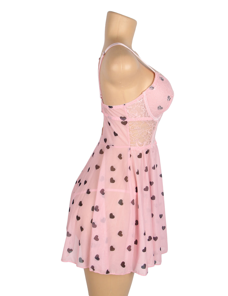 Nuisette Rose Romantique à Motifs Cœurs