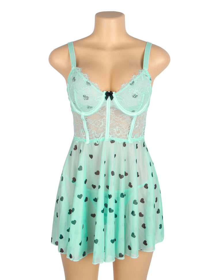 Nuisette Verte Séduction à Motifs Cœurs
