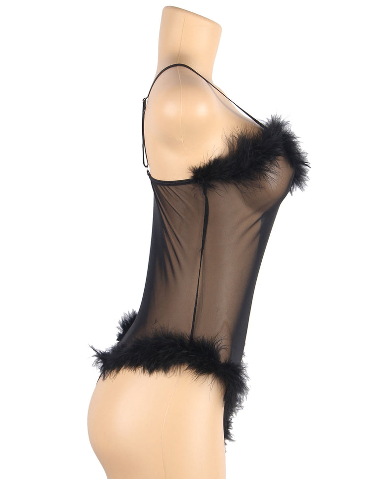 Nuisettes Noires en Fourrure à Manches Longues et Lingerie Teddy
