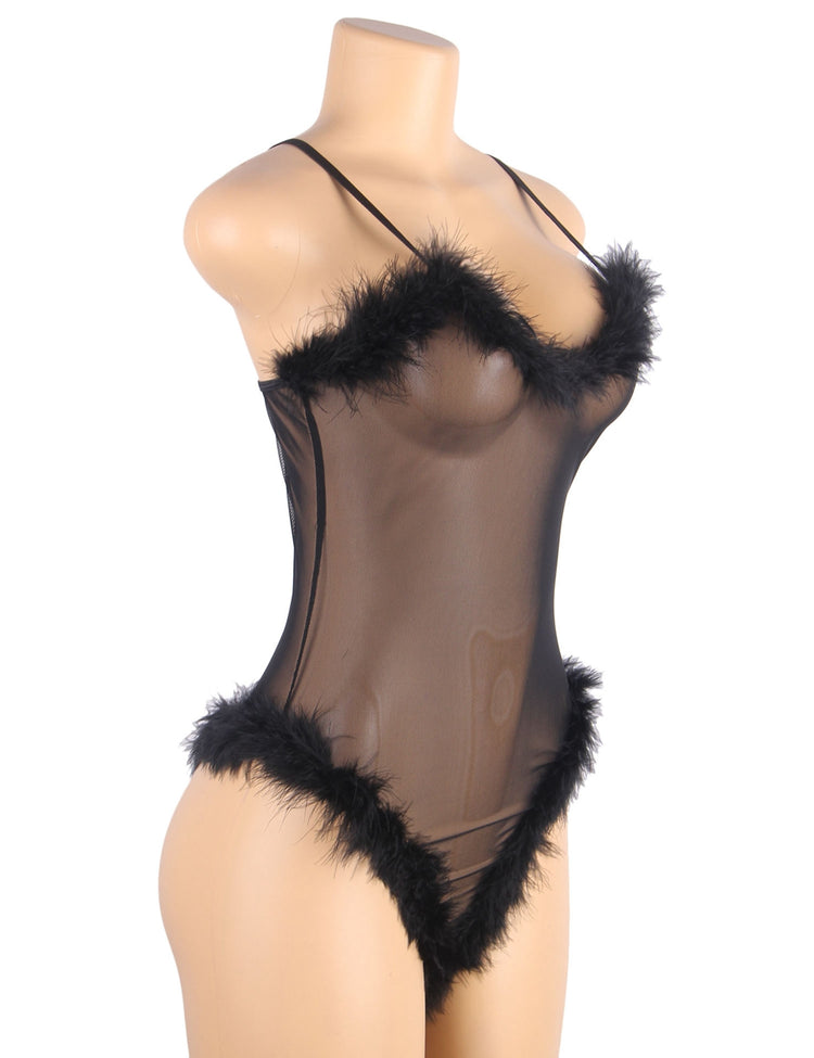 Nuisettes Noires en Fourrure à Manches Longues et Lingerie Teddy