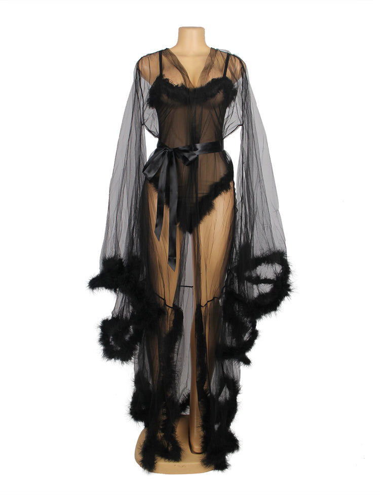 Nuisettes Noires en Fourrure à Manches Longues et Lingerie Teddy