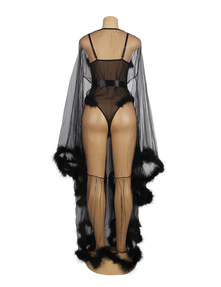 Nuisettes Noires en Fourrure à Manches Longues et Lingerie Teddy