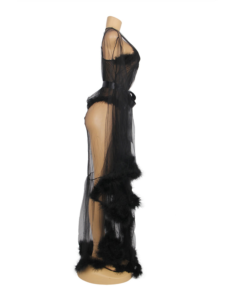 Nuisettes Noires en Fourrure à Manches Longues et Lingerie Teddy