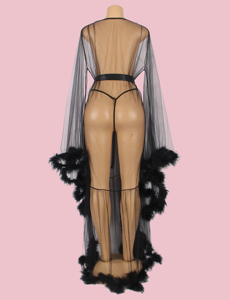 Nuisettes Noires en Fourrure à Manches Longues et Lingerie Teddy