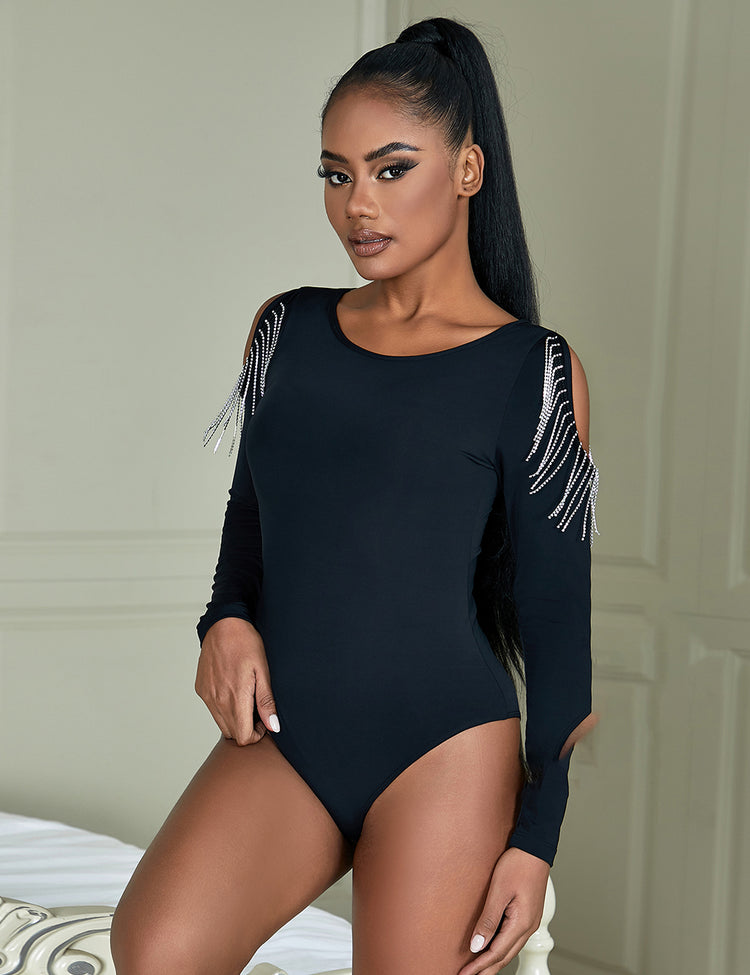 Body noir-manches longues ouvertures epaules chainettes glamour