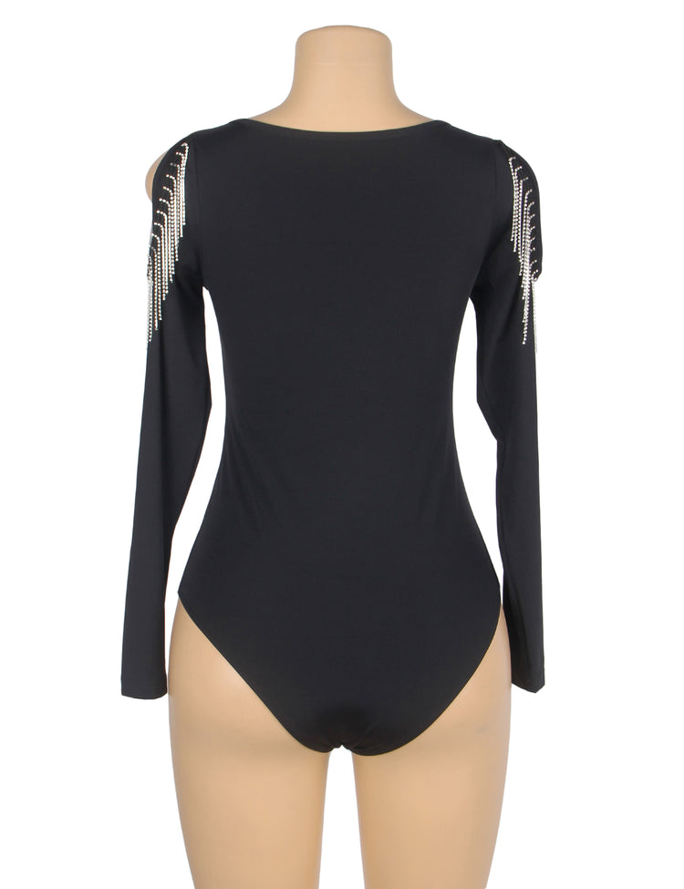 Body noir-manches longues ouvertures epaules chainettes glamour