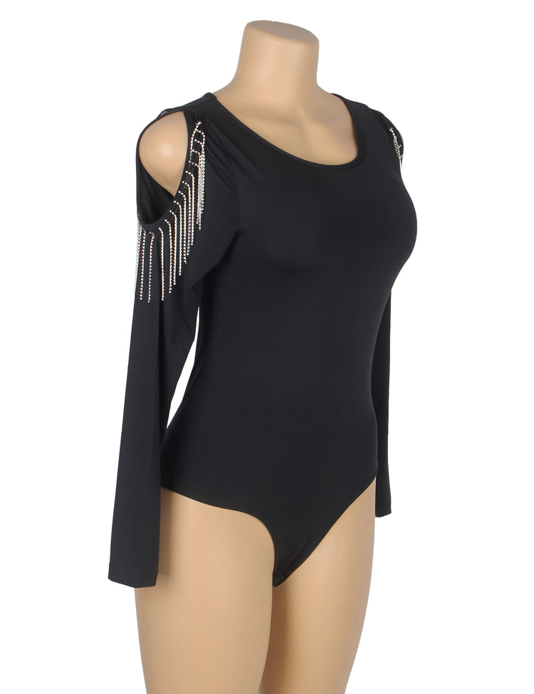 Body noir-manches longues ouvertures epaules chainettes glamour
