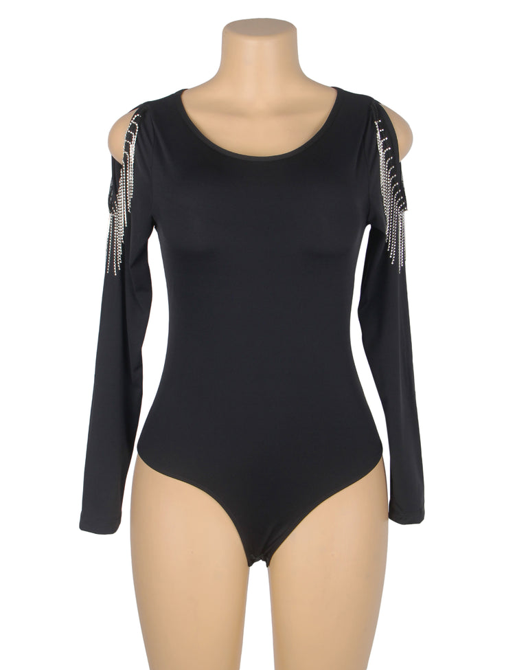 Body noir-manches longues ouvertures epaules chainettes glamour