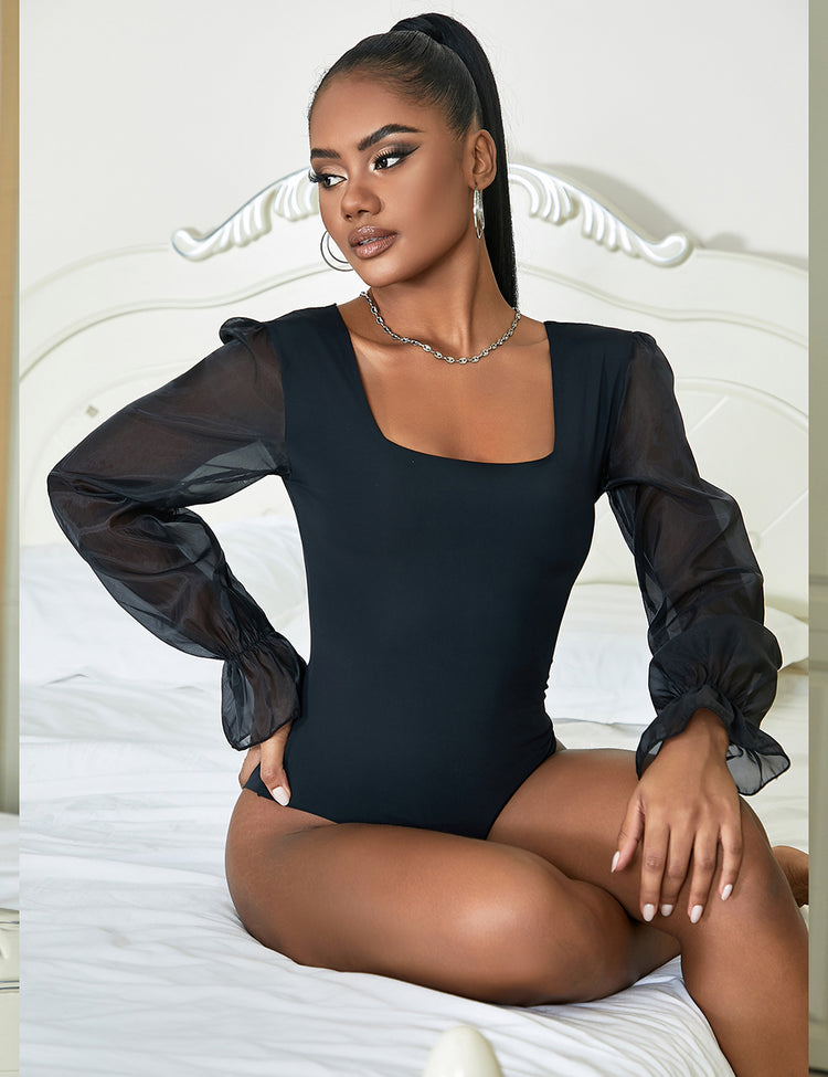 Body noir élégant à manches longues en tulle transparent - Décolleté carré