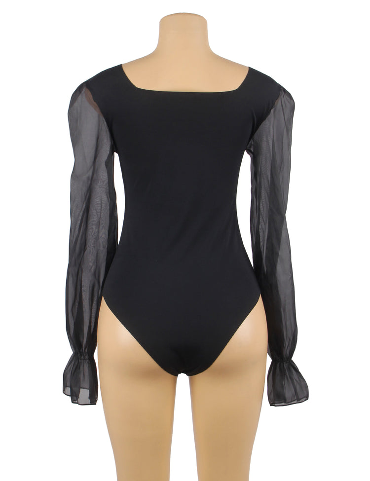Body noir élégant à manches longues en tulle transparent - Décolleté carré